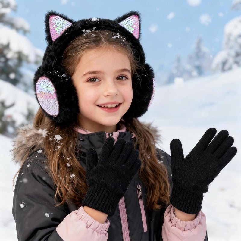 EDCYF Ear Muffs Gloves Set for Kids Girls Winter Ear Muffs Adjustable Sequins Warm Earmuffs Furry Outdoor - Image 2